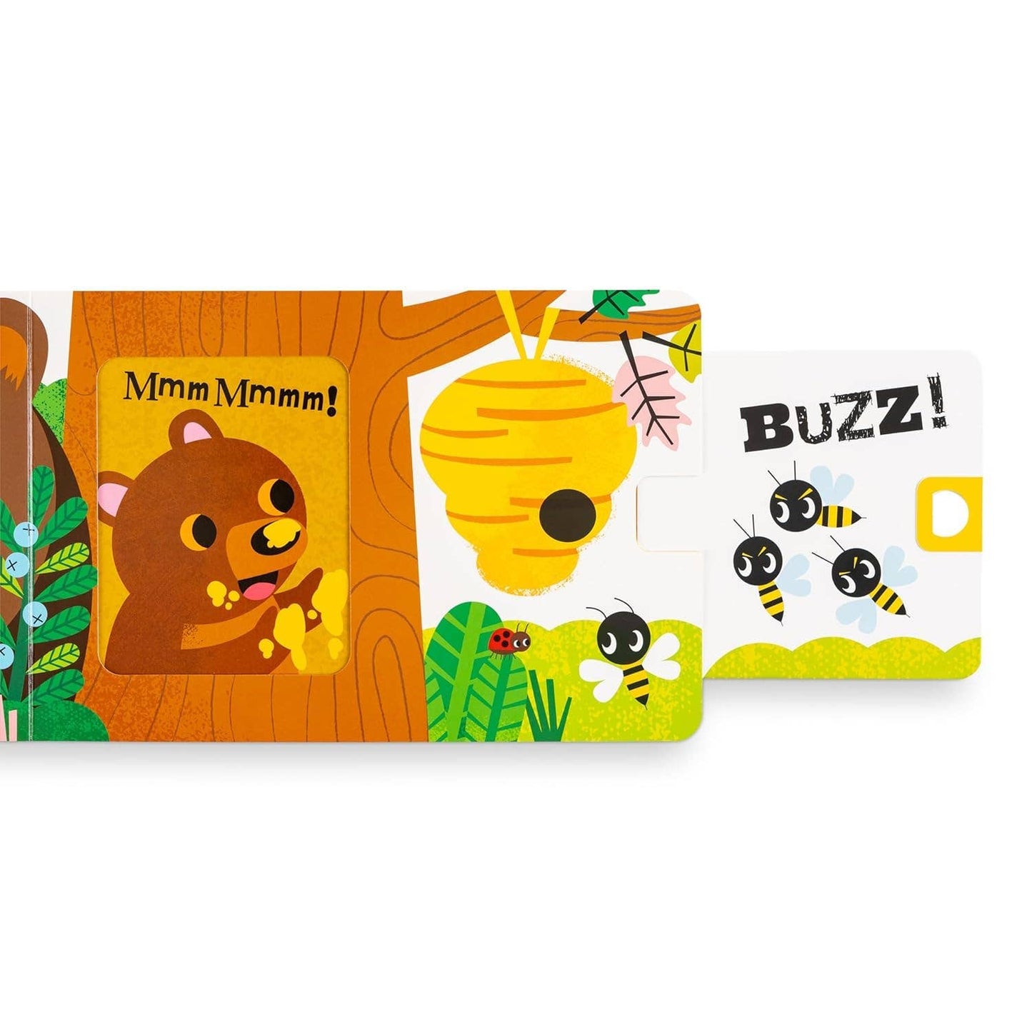 Children's book with bear and bee illustrations on a white background
