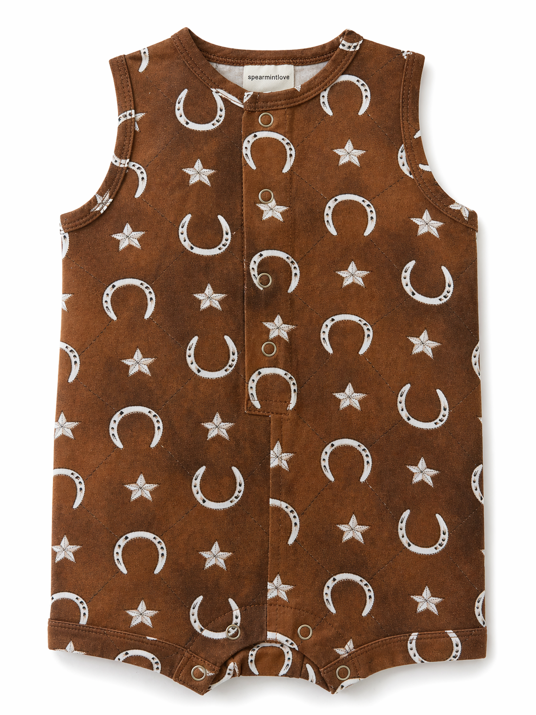 Brown sleeveless romper with white star and moon pattern on a white background