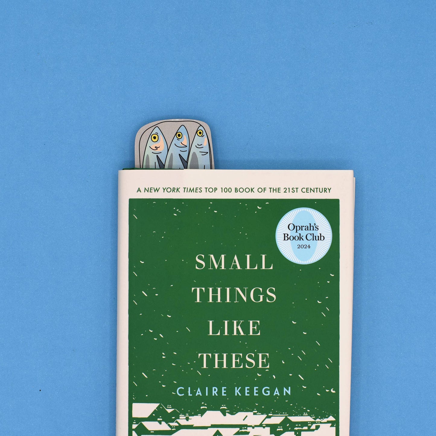 Book titled 'Small Things Like These' by Claire Keegan with a blue background