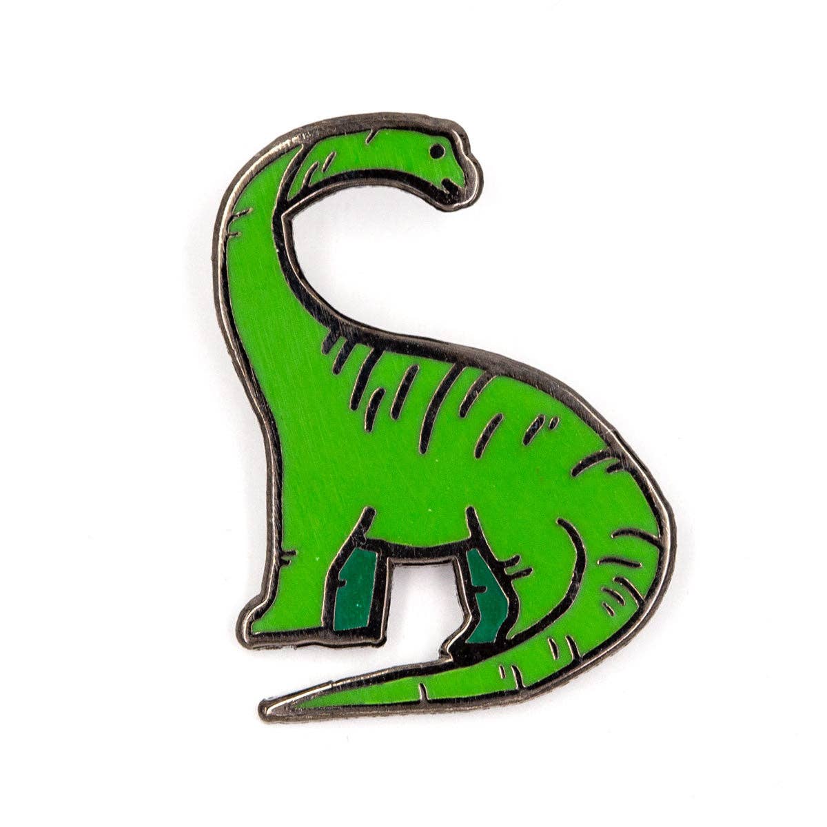 Green dinosaur-shaped pin on a white background