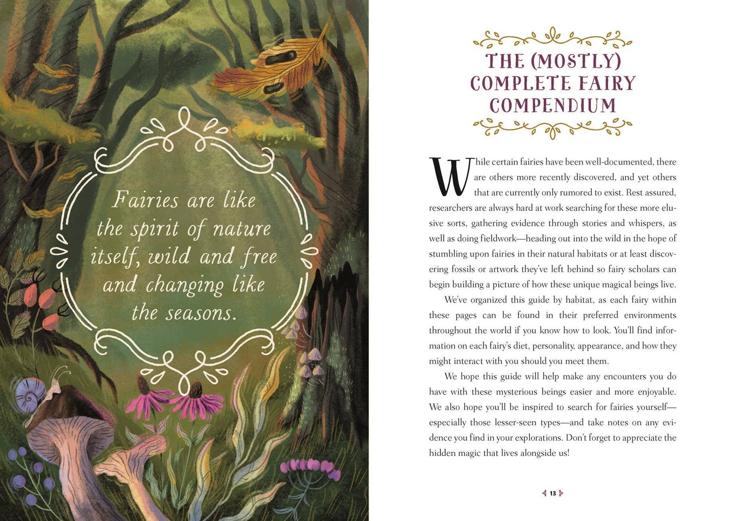 An open book spread showing a printed page titled 'The (Mostly) Complete Fairy Compendium' with fantasy artwork of fairies and a quote about fairies on the left page and text beginning with 'W' on the right page.