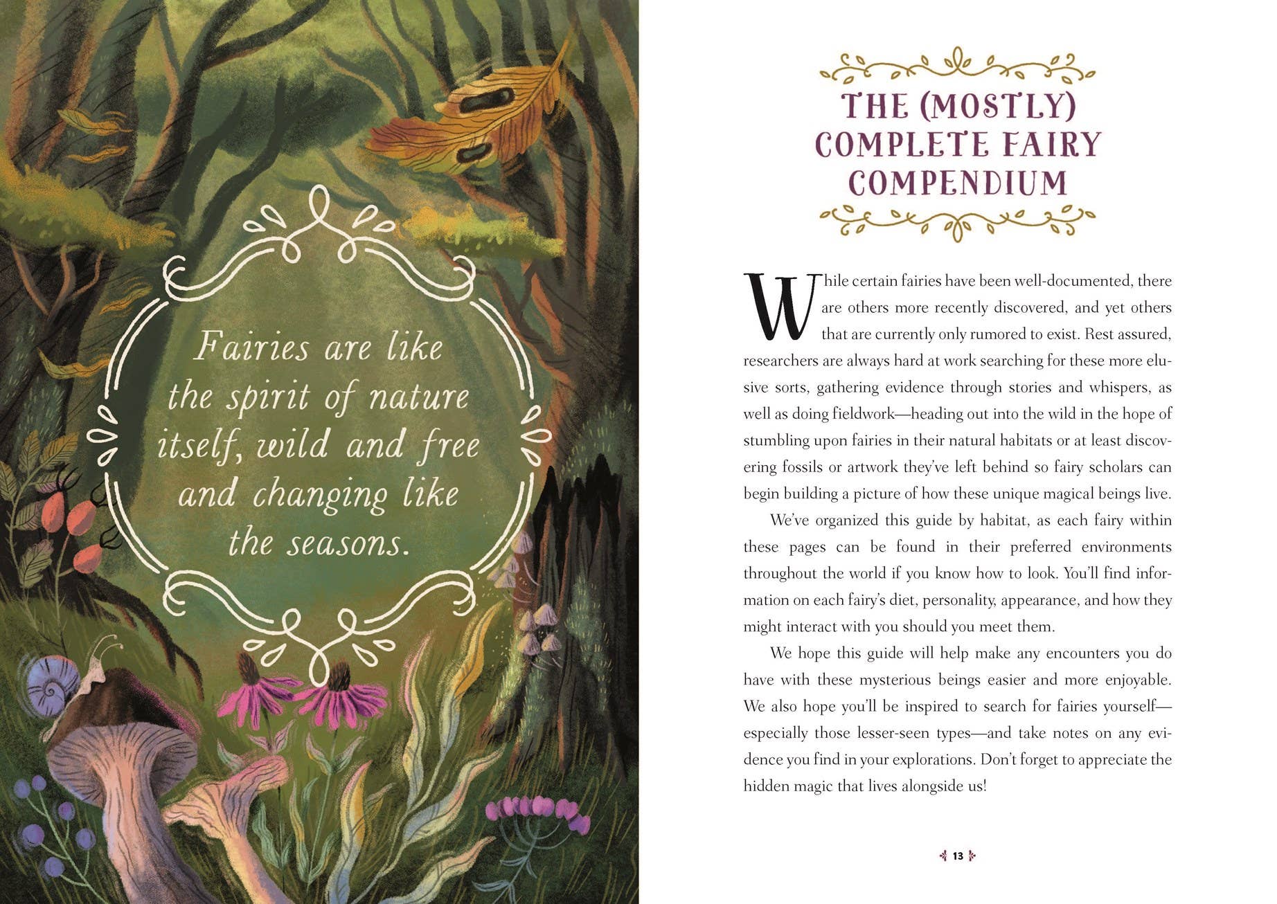 An open book spread showing a printed page titled 'The (Mostly) Complete Fairy Compendium' with fantasy artwork of fairies and a quote about fairies on the left page and text beginning with 'W' on the right page.