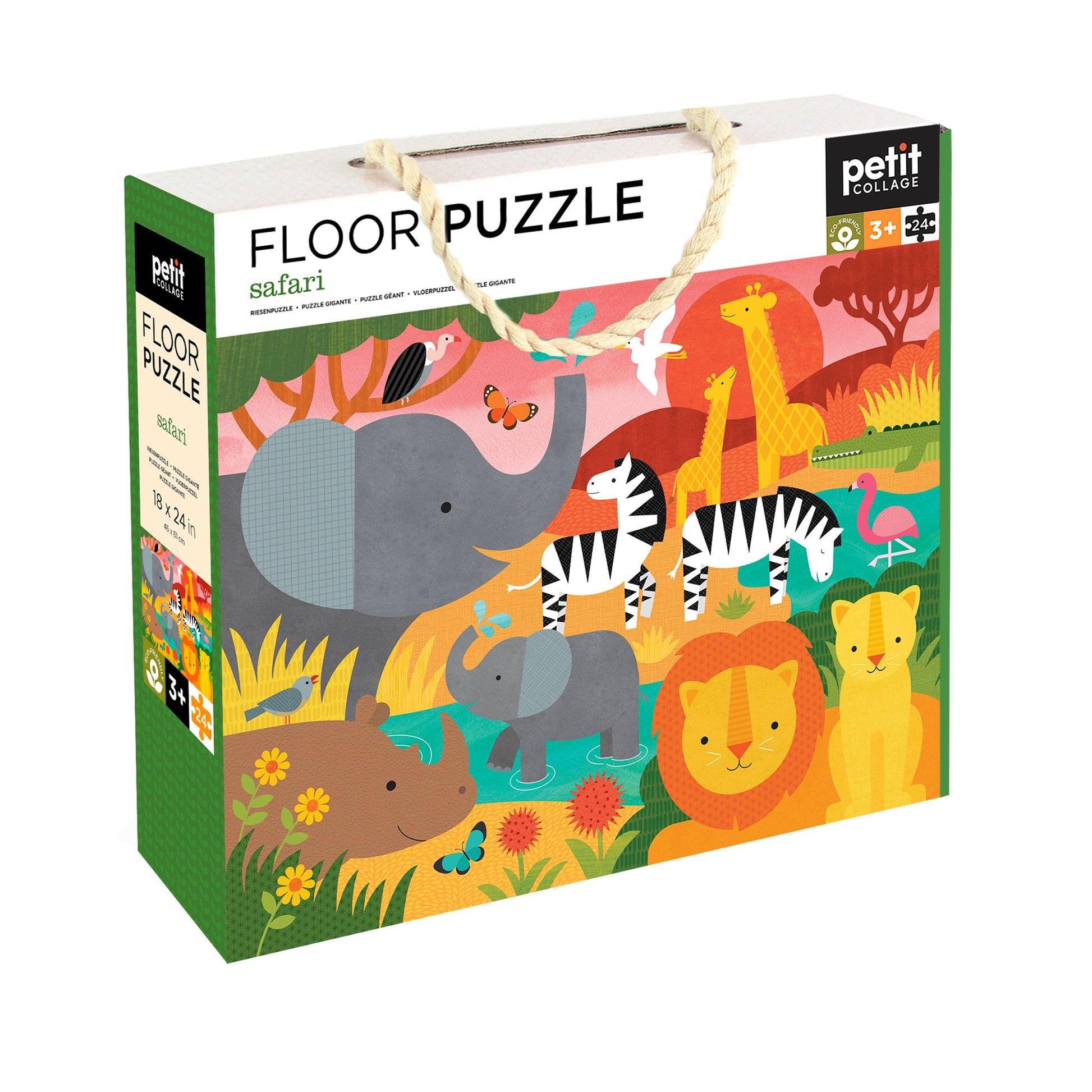 Colorful packaging of a floor puzzle with safari animals on a white background