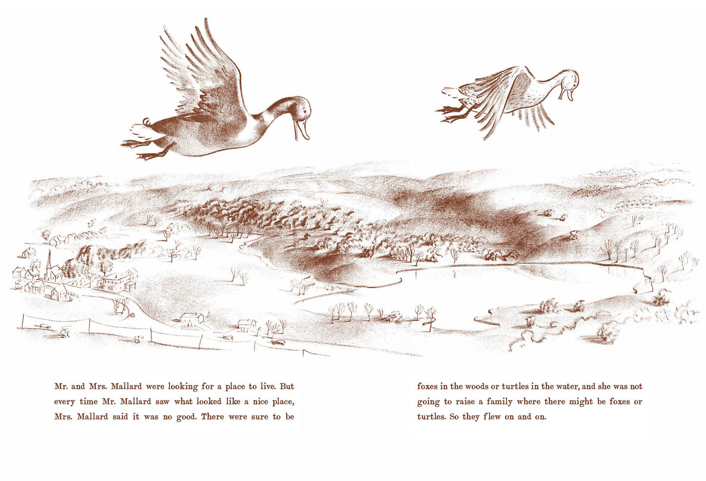 Illustration of two birds flying over a landscape with text below.