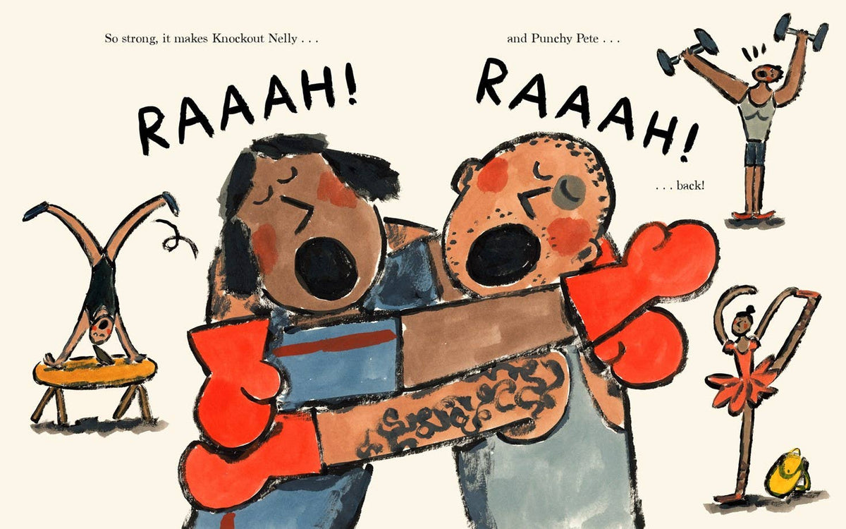 A whimsical children's book-style illustration on a cream background showing two cartoon boxers hugging with the text 'RAAAH! RAAAH! .