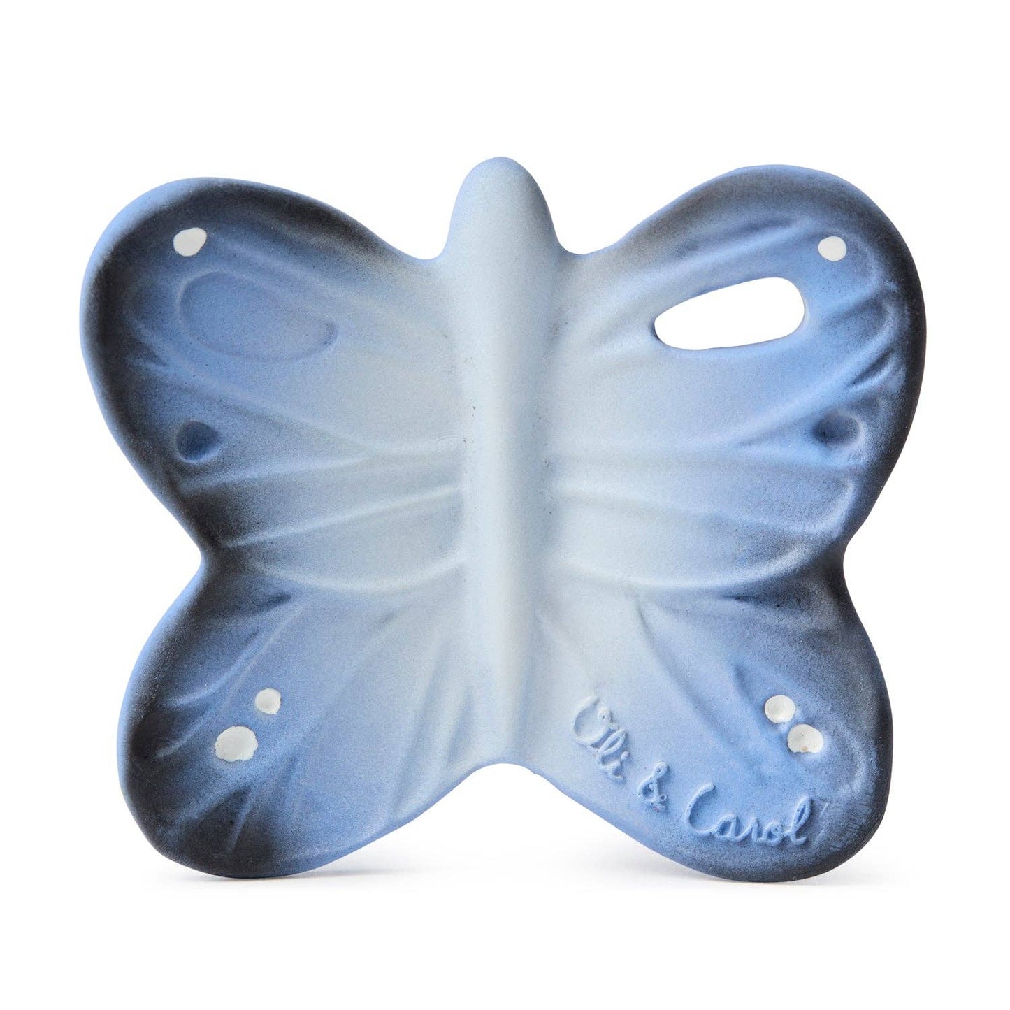 Blue butterfly-shaped object with 'Oli & Carol' branding on a white background