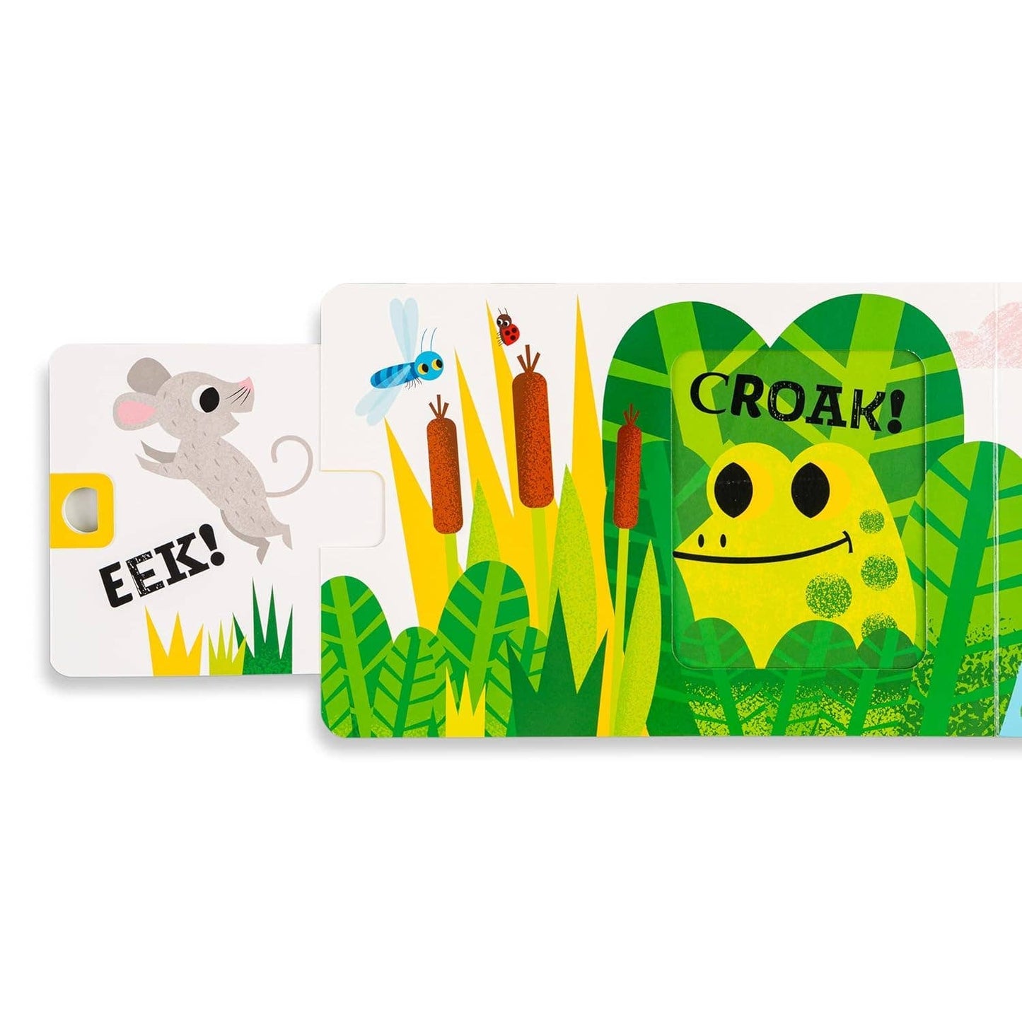 Children's book with frog and mouse illustrations on a white background
