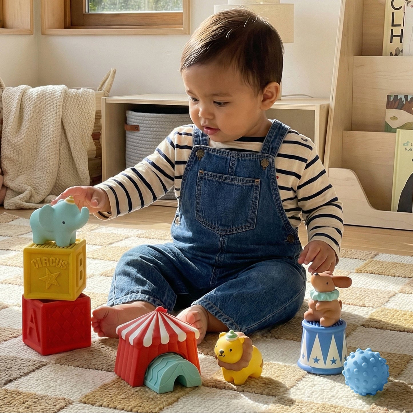 A toddler sits on a checkered rug playing with colorful  toy blocks and circus-themed toys in a bright, neutral-toned room.