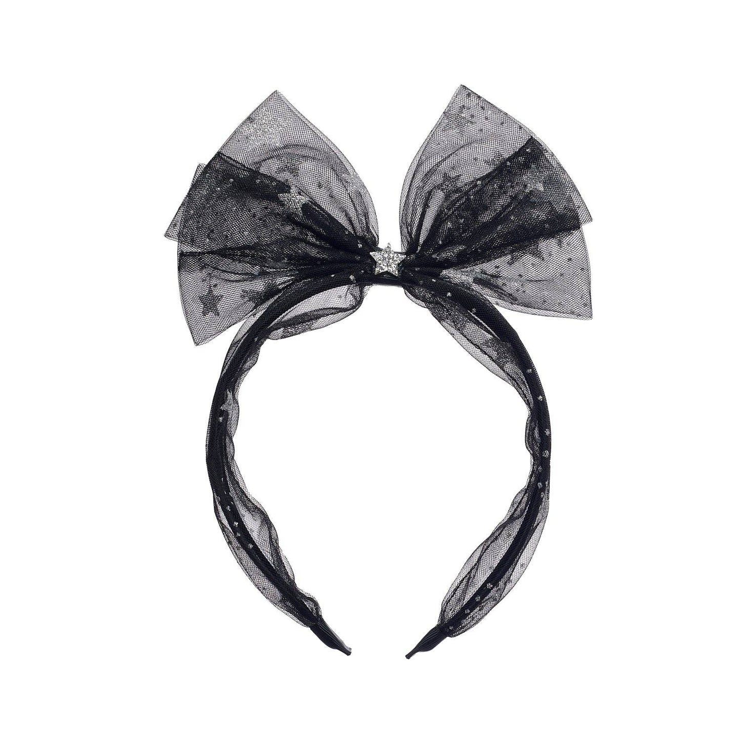 Black tulle bow headband on a white background