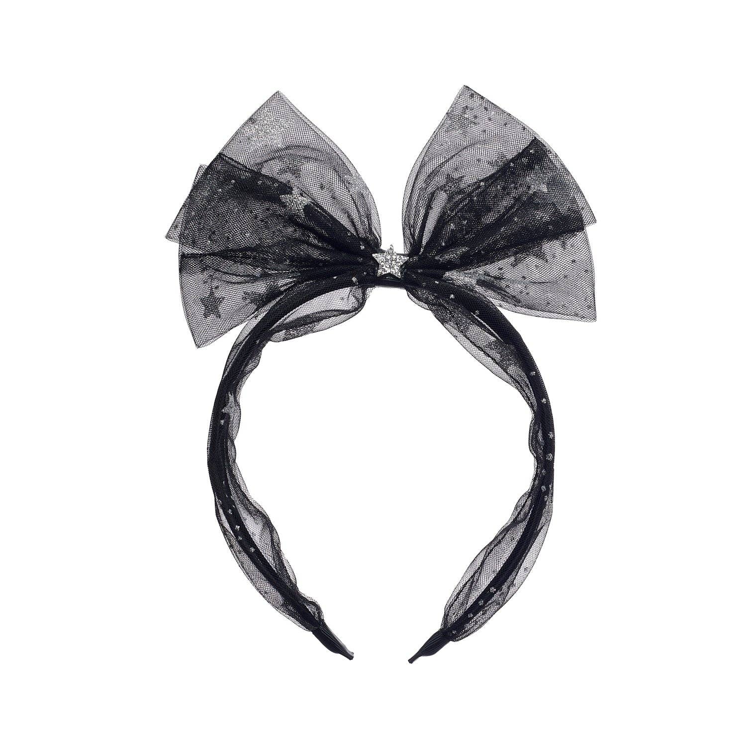 Black tulle bow headband on a white background