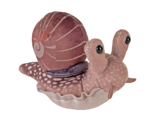 Plush toy snail with a shell on a white background