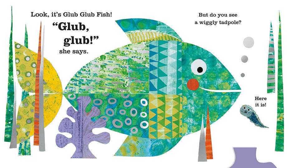Colorful fish illustration from a children's book with text and a wiggly tadpole.