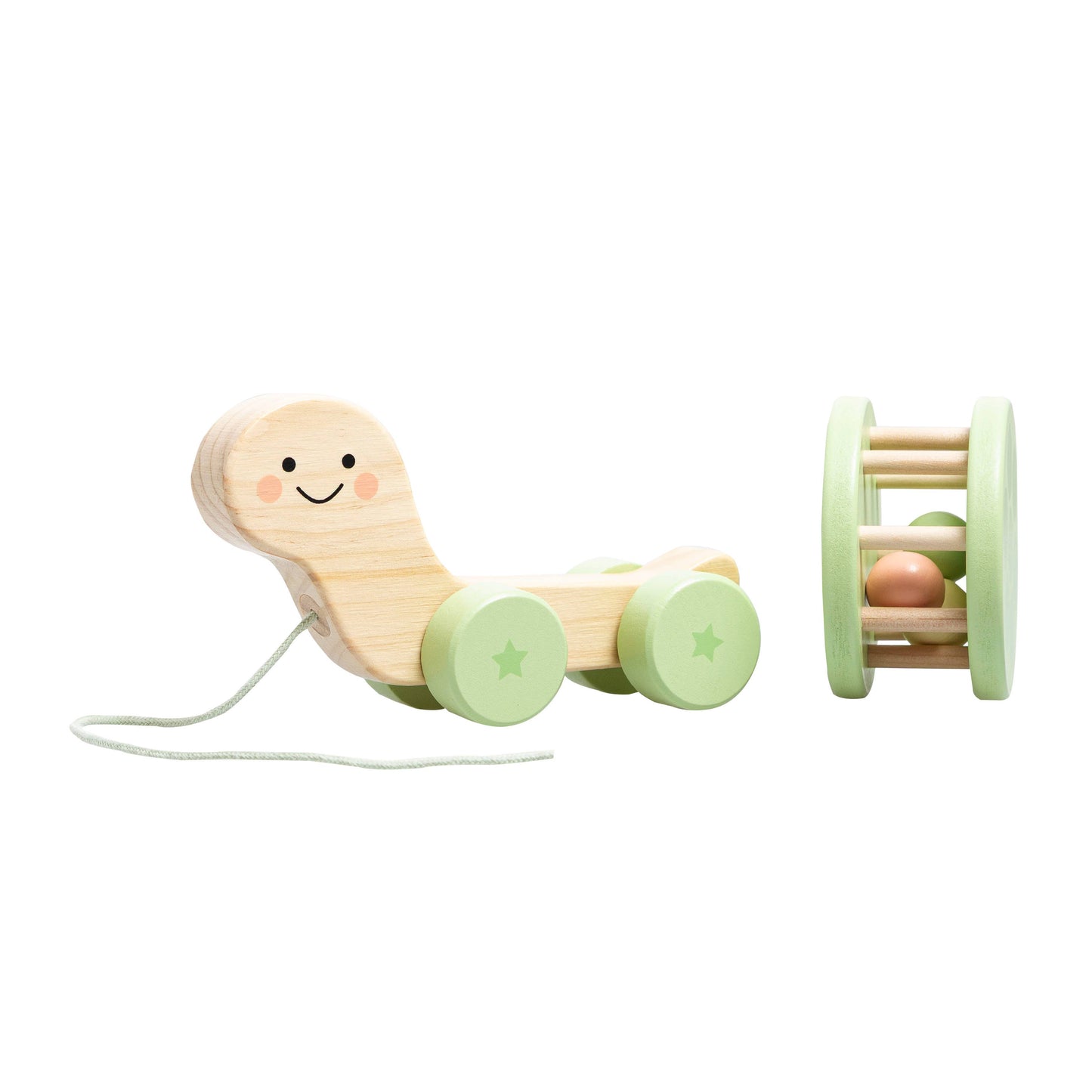 Wooden toy with a smiling face and wheels on a white background