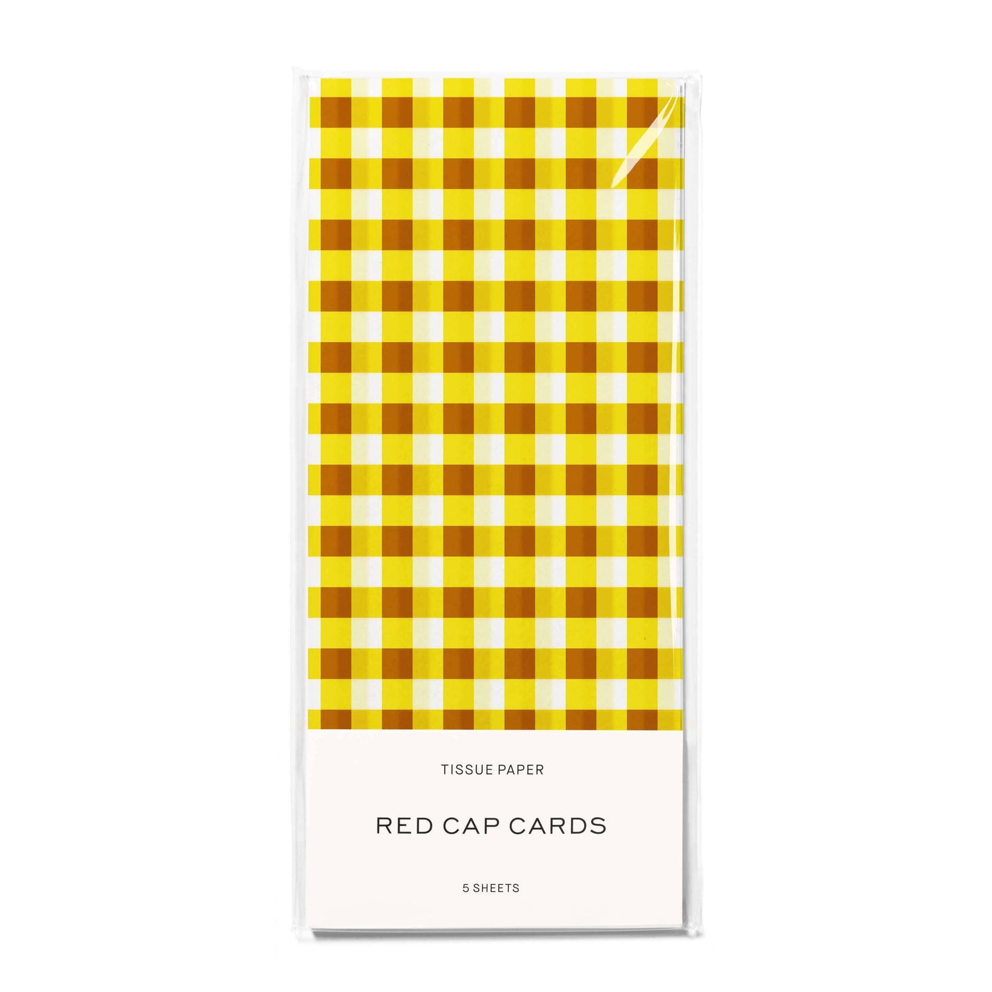 Yellow and white checkered tissue paper packaging with 'Red Cap Cards' branding on a white background.