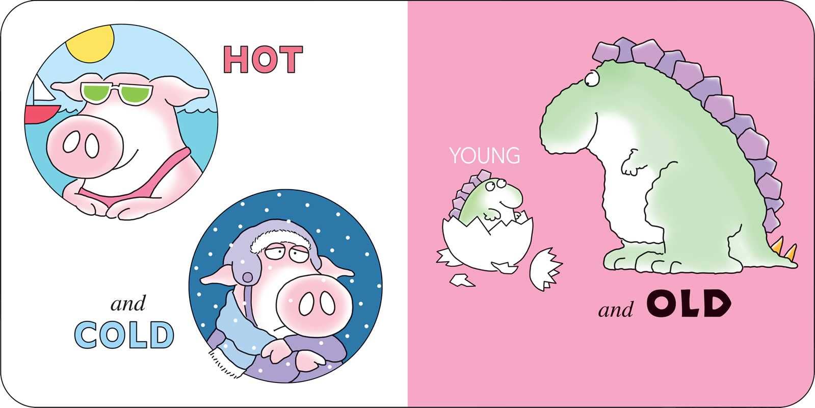 Two cards with cartoon animals and text on a white and pink background
