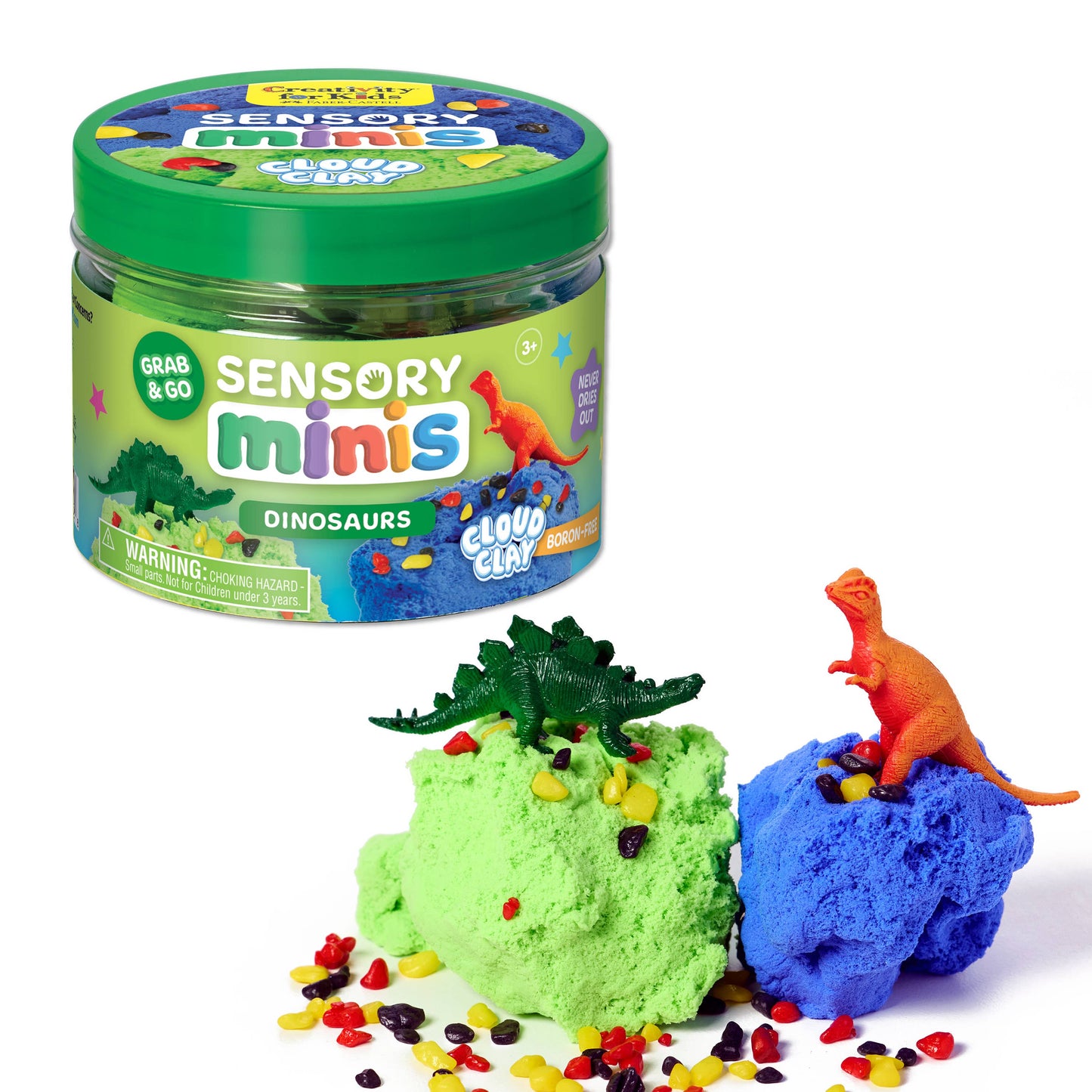 Sensory minis cloud clay with dinosaurs on a white background
