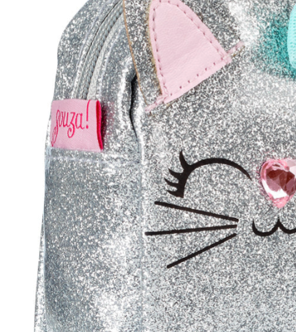 Silver glittery pouch with cat design and 'Bouba!' label on a white background