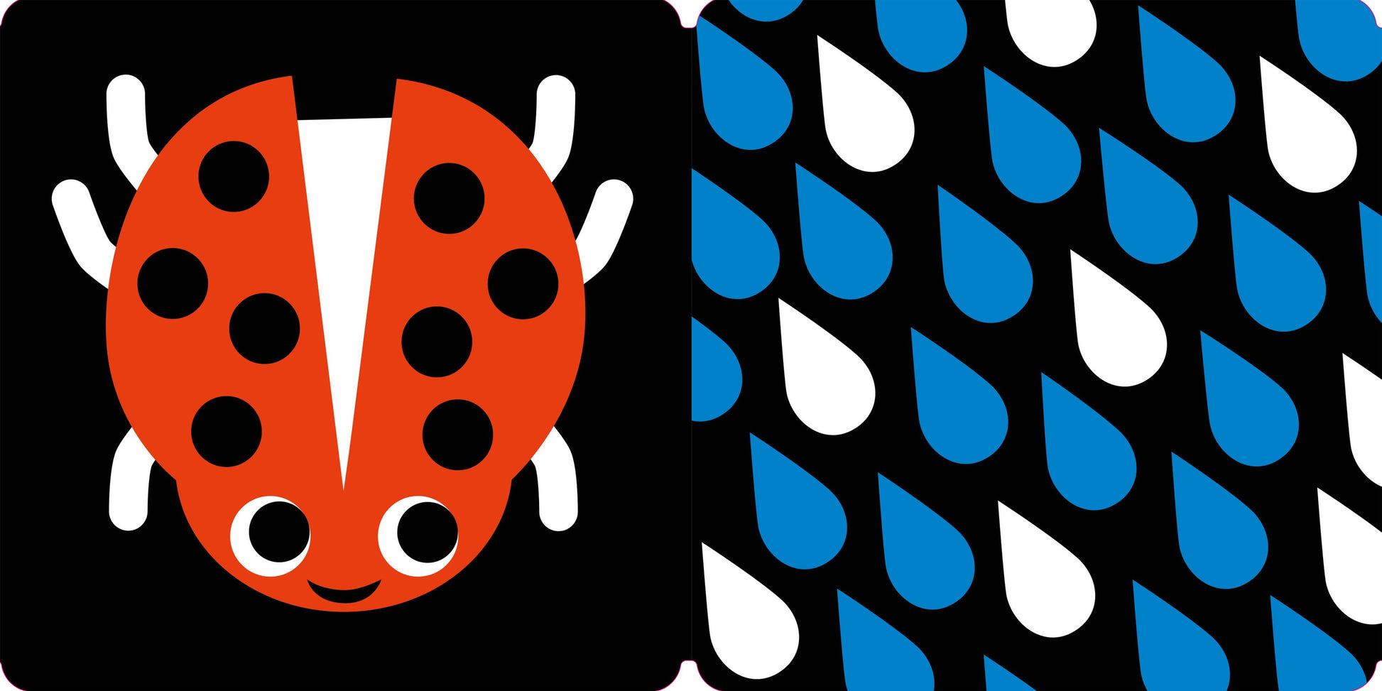 Red ladybug on a black background with blue and white raindrop pattern