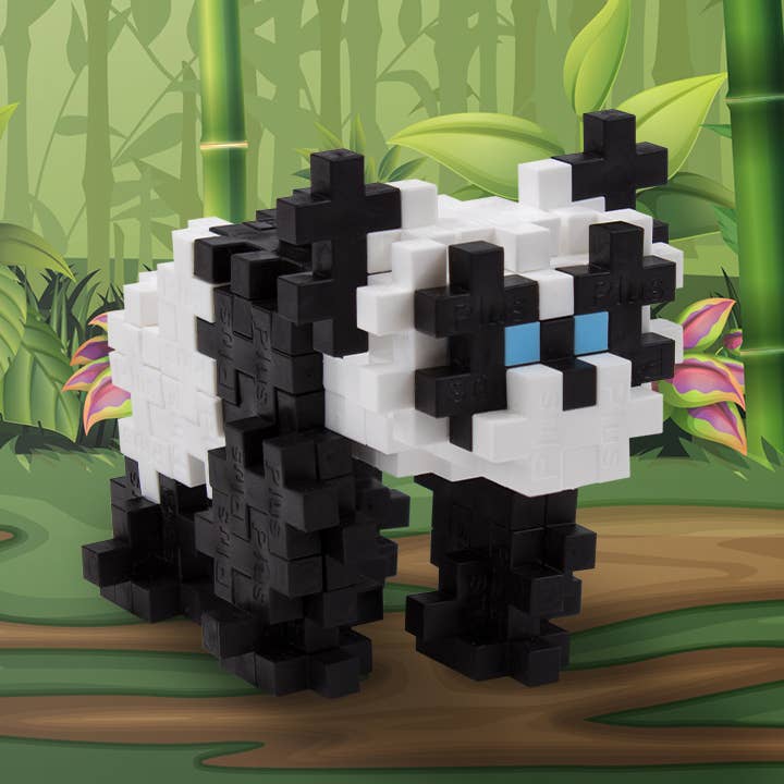 Pixelated panda figure puzzle against a bamboo and leaf background