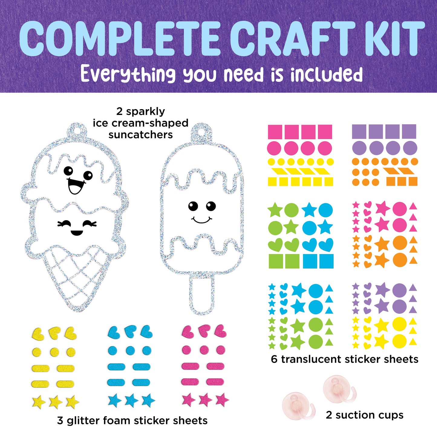 Complete craft kit with ice cream-shaped suncatchers and various sticker sheets on a purple background.