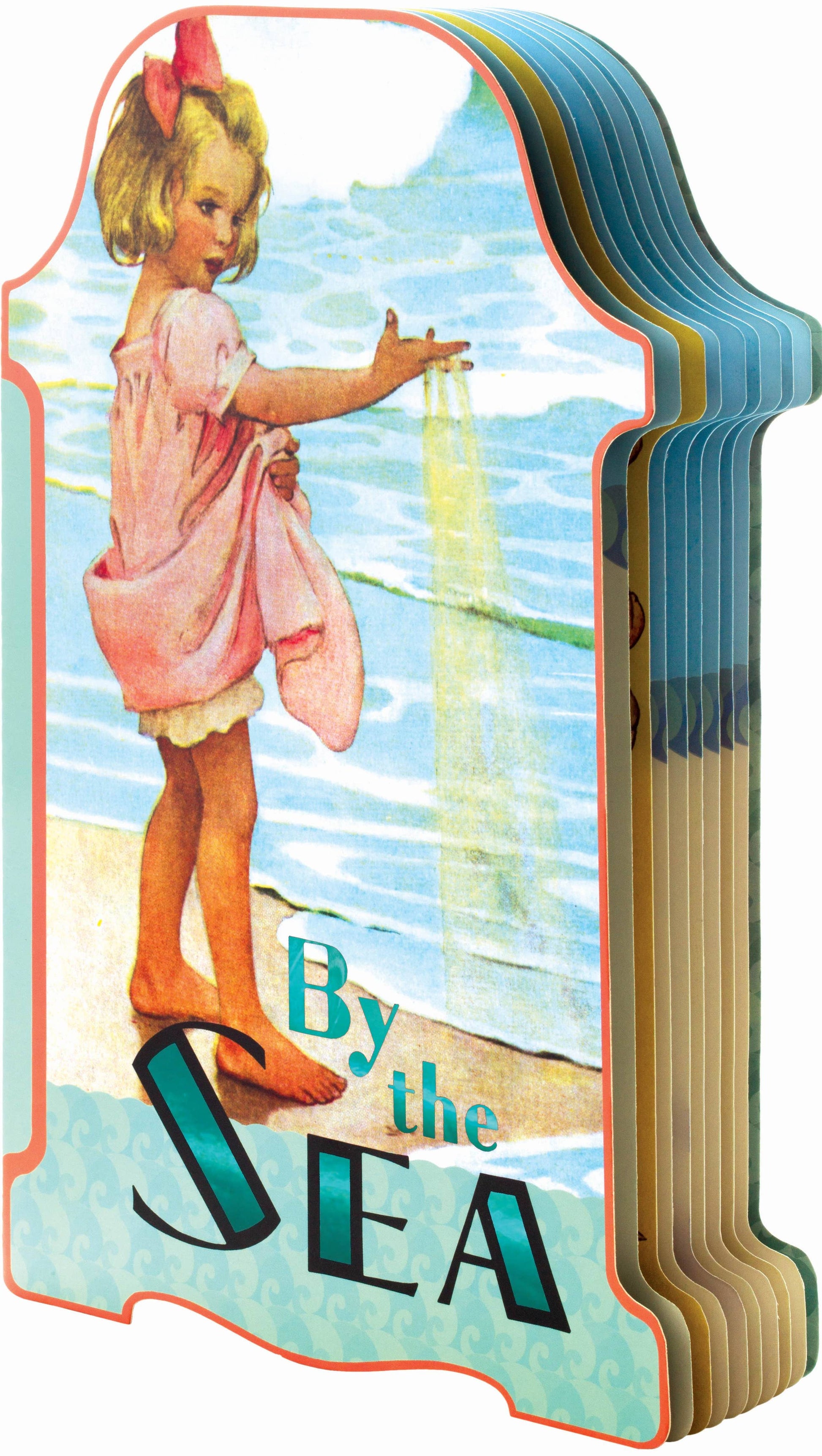 Paperback book open showing vintage-style illustration of a girl by the sea.