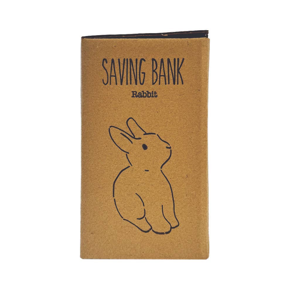 Brown saving bank with rabbit illustration and text on a white background