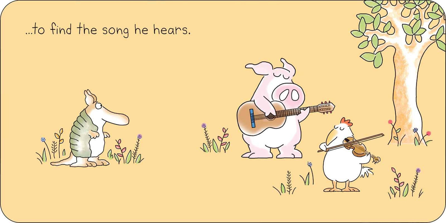 Illustration of a pig playing guitar, a chicken playing violin, and a creature with a shell on a yellow background.