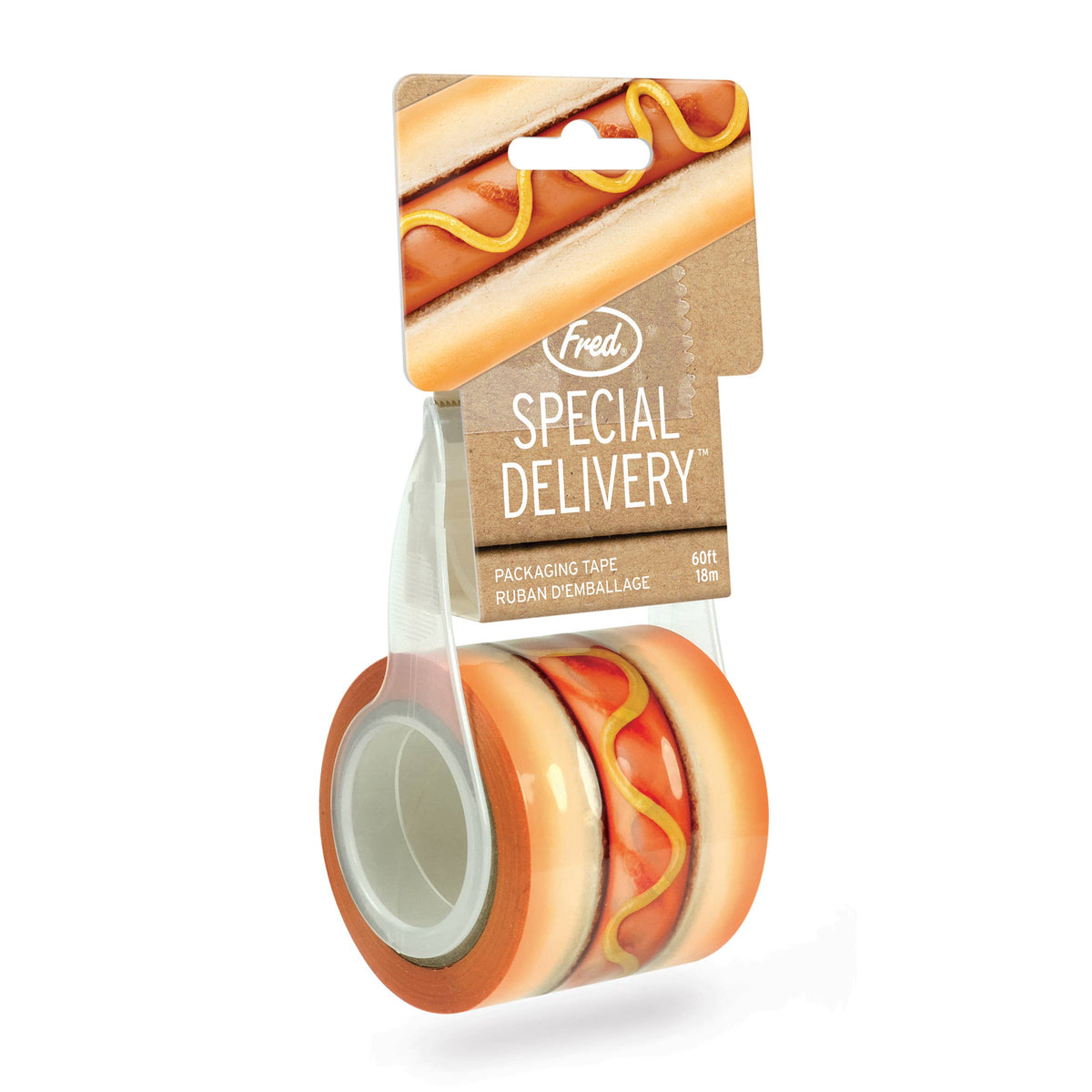 Packaging tape with hot dog design and 'Special Delivery' label on a white background