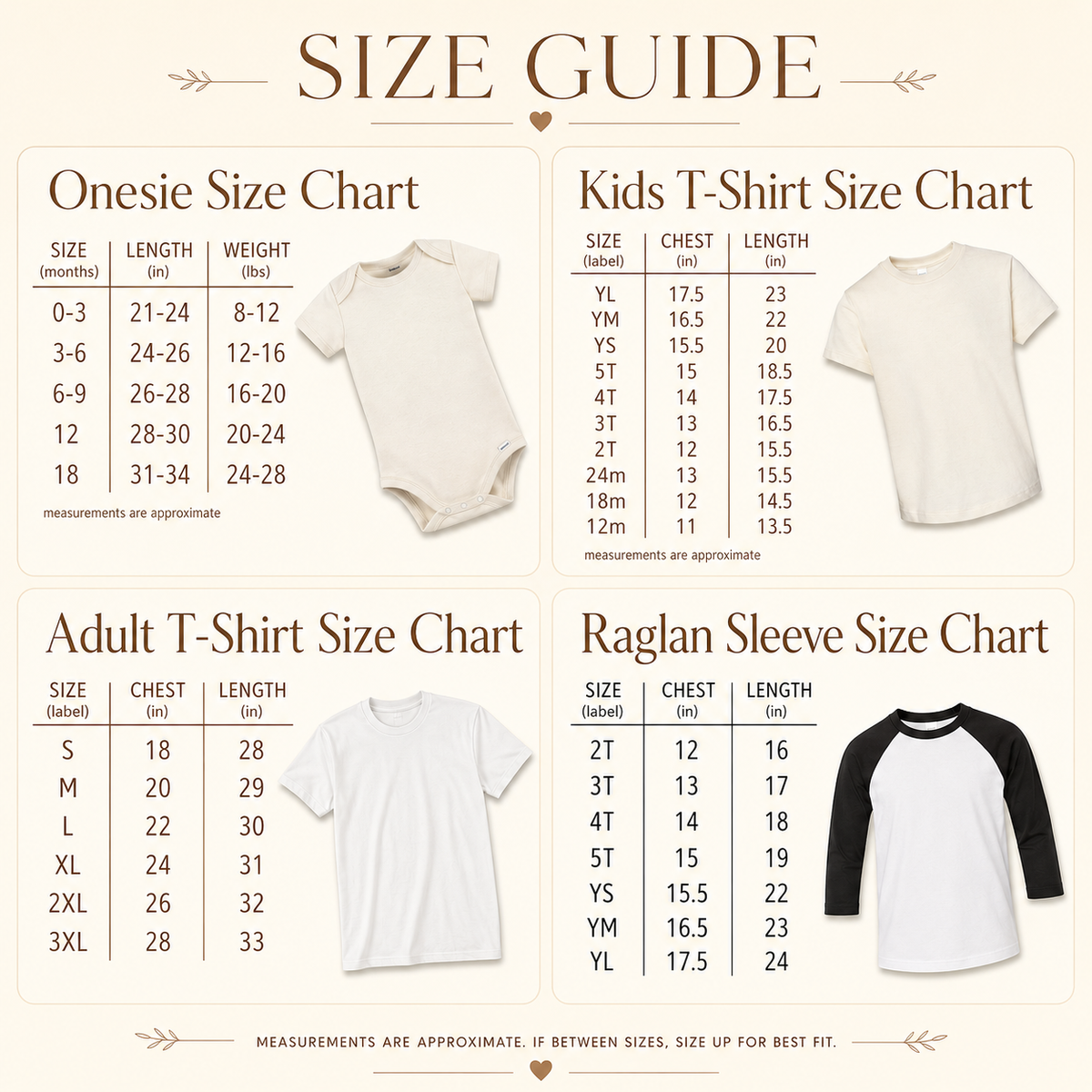 Size chart for onesies, kids' t-shirts, adult t-shirts, and raglan sleeve shirts.