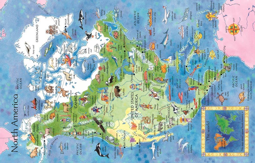 Cartoon map of North America with animals and landmarks
