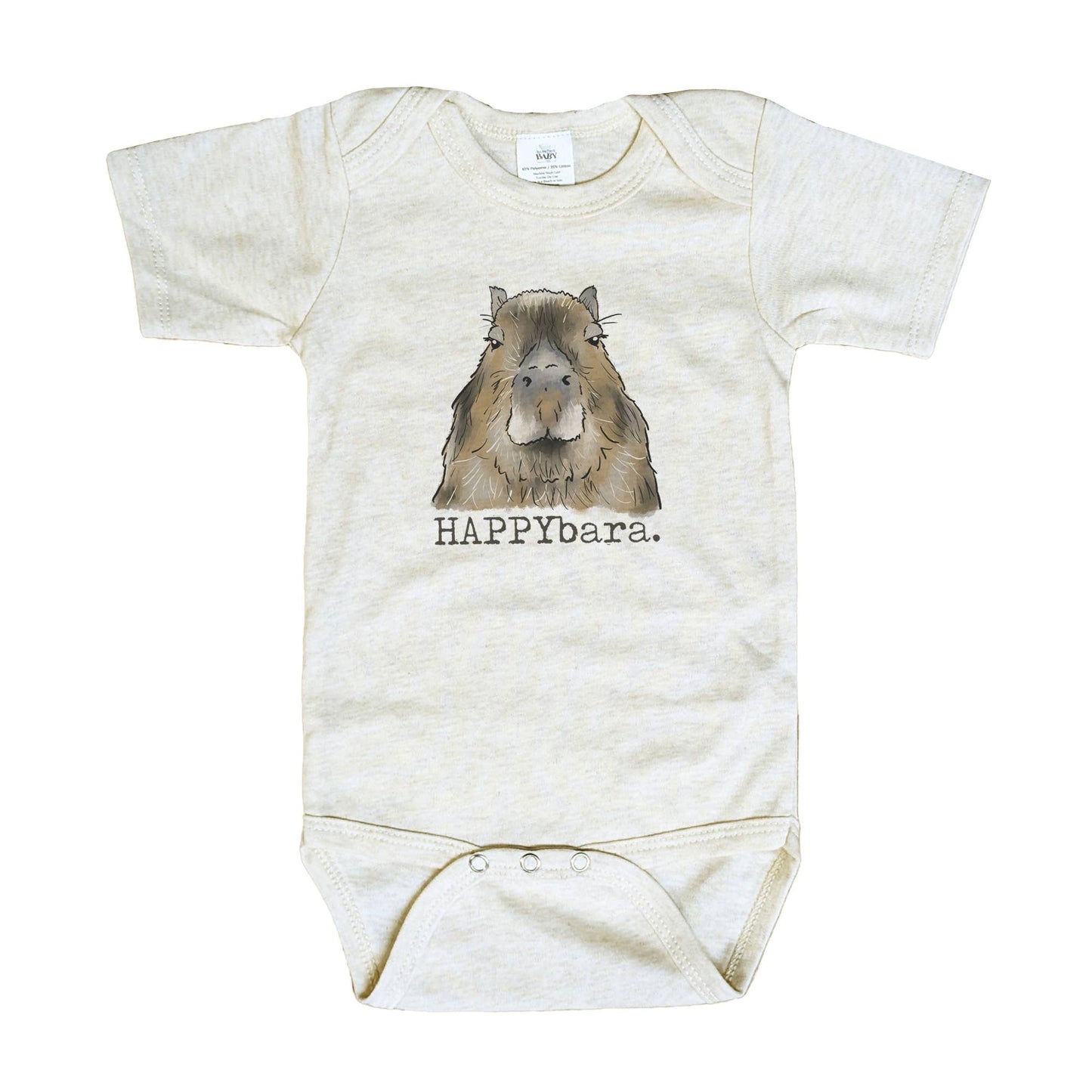 Baby onesie with capybara illustration and 'HAPPYbara' text on a white background