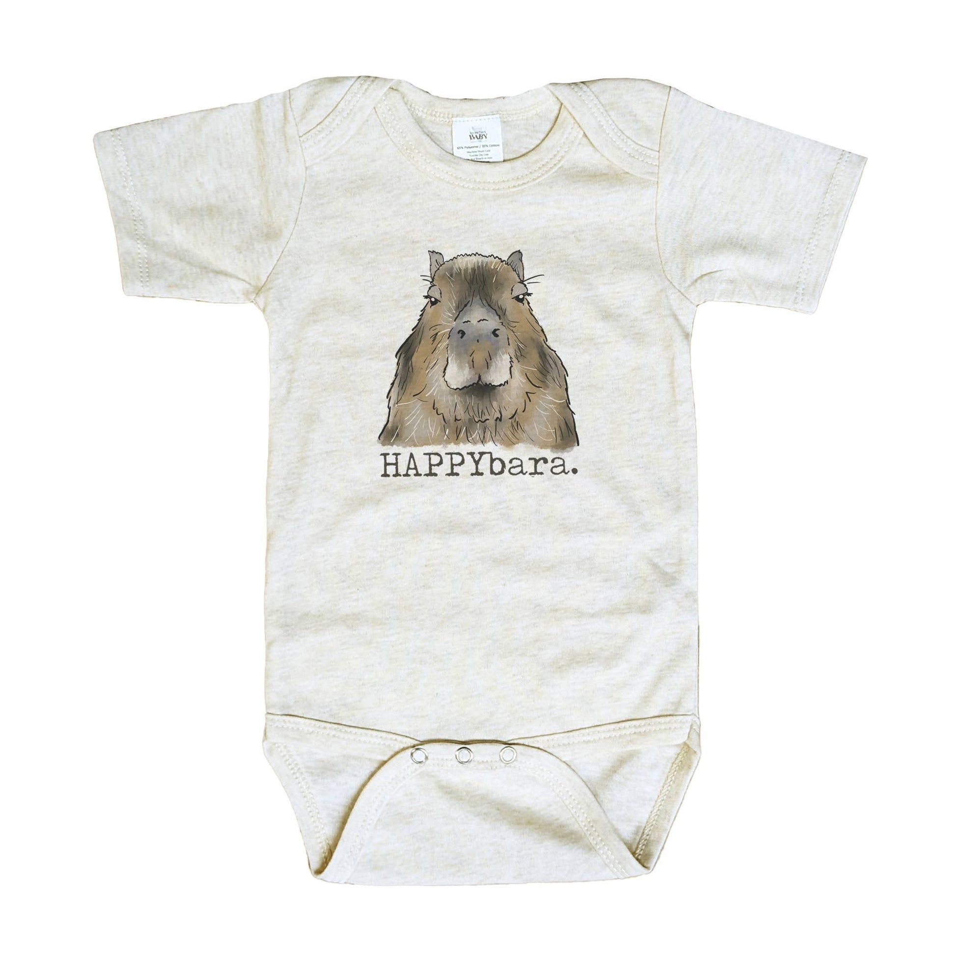 Baby onesie with capybara illustration and 'HAPPYbara' text on a white background