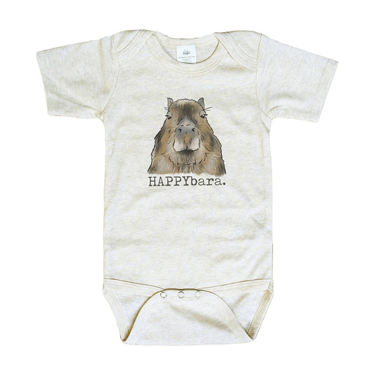 Baby onesie with capybara illustration and 'HAPPYbara' text on a white background