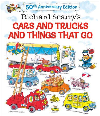 Book cover of 'Richard Scarry's Cars and Trucks and Things That Go' with colorful illustrations of vehicles and characters.
