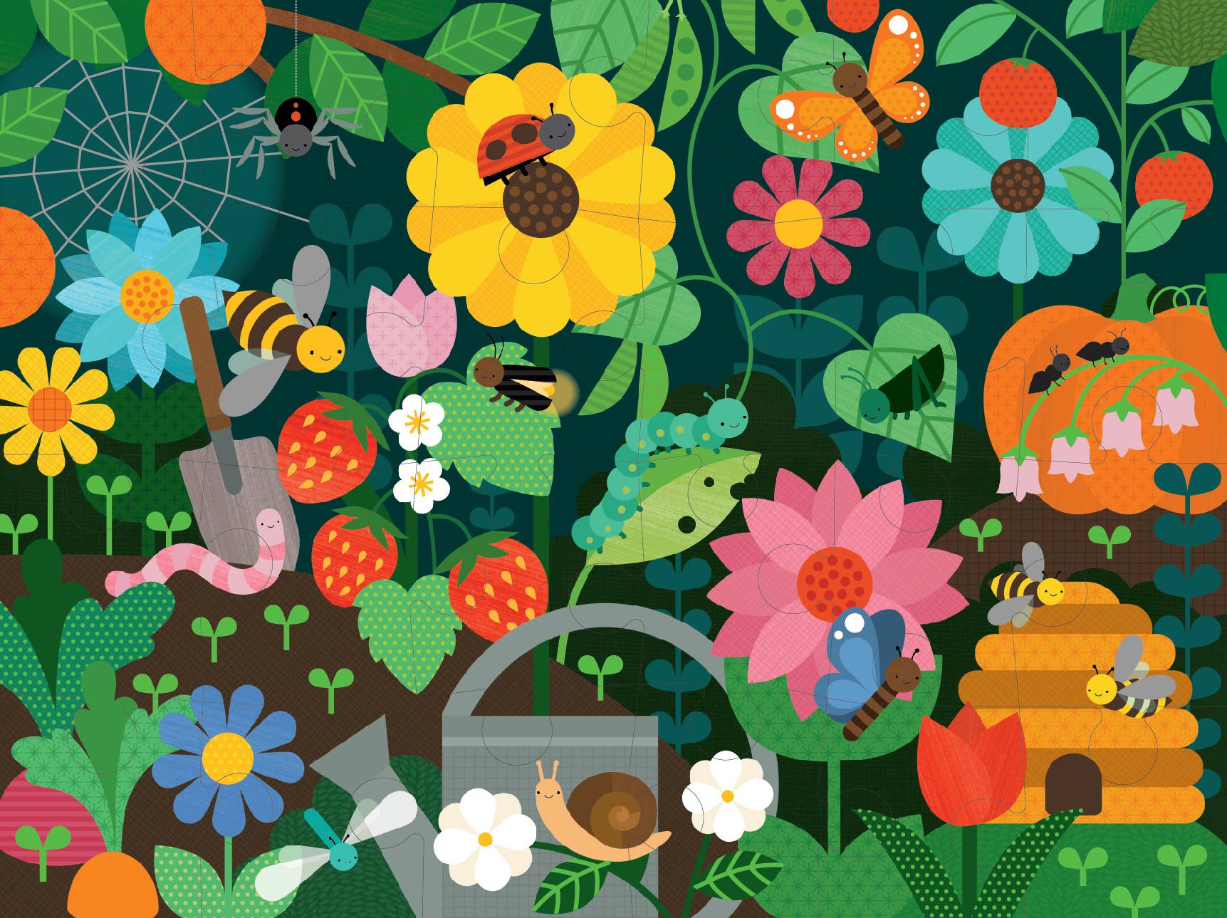 Colorful garden puzzle scene with flowers, vegetables, and animals on a dark green background
