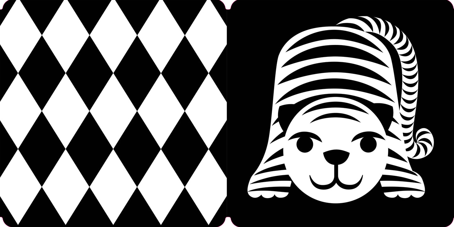 Black and white checkered pattern with a stylized dog face wearing a striped hat.