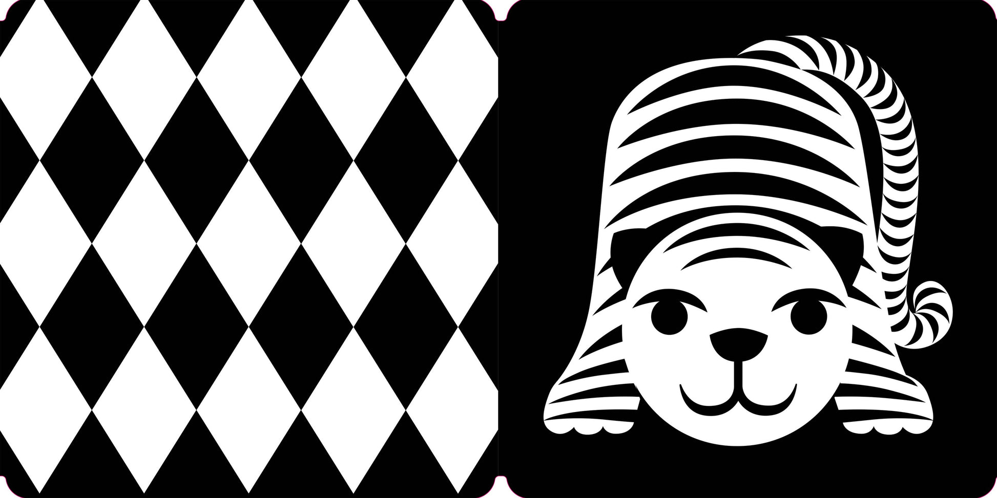Black and white checkered pattern with a stylized dog face wearing a striped hat.
