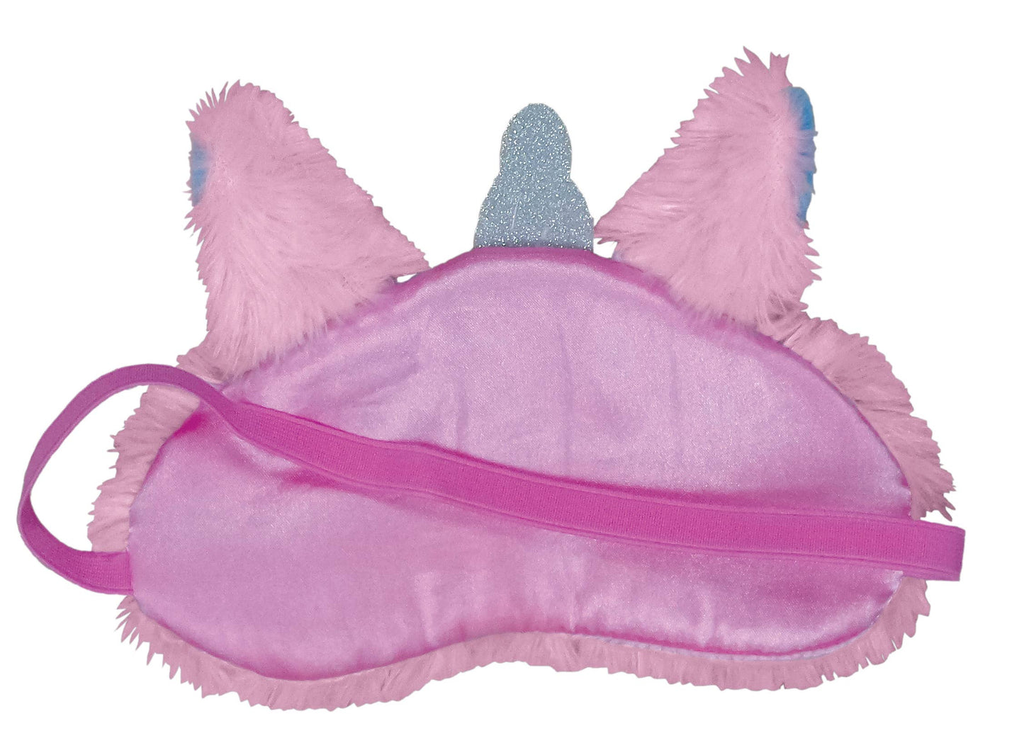 Pink unicorn sleep mask with fluffy ears on a white background