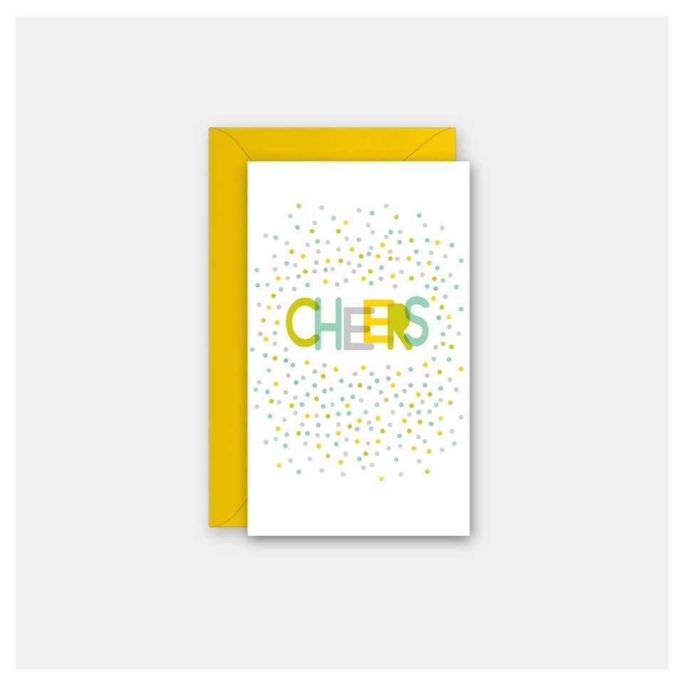 A white greeting card with the word 'CHEERS' in colorful letters, surrounded by small multicolored confetti dots, shown with a yellow envelope on a light gray background.