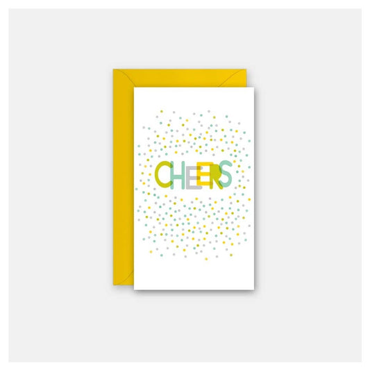 A white greeting card with the word 'CHEERS' in colorful letters, surrounded by small multicolored confetti dots, shown with a yellow envelope on a light gray background.