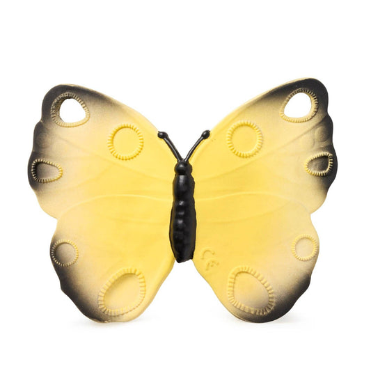 Yellow butterfly-shaped baby teether on a white background