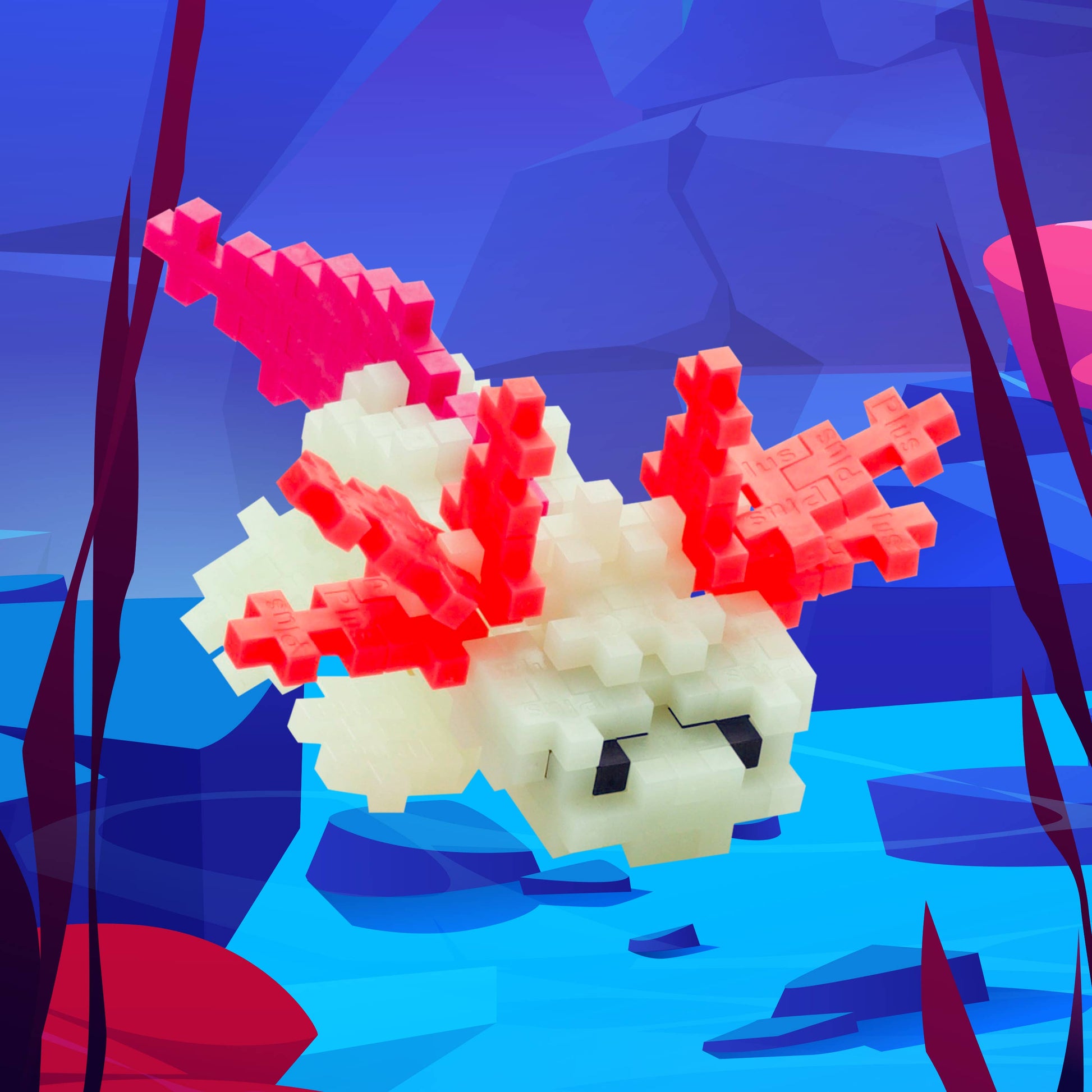 Pixelated puzzle of a red and white Axolotl in an underwater setting with rocks and plants.