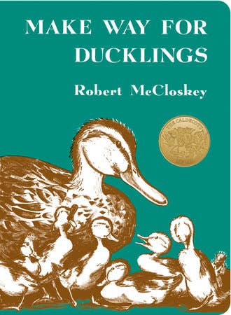 Book cover of 'Make Way for Ducklings' by Robert McCloskey with a teal background and illustration of ducks.