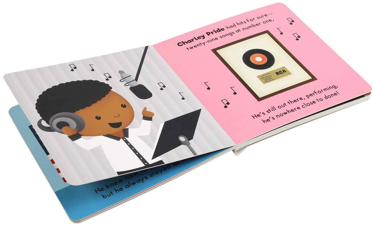 Children's book open to a page with a character wearing headphones and a record player, on a white background.