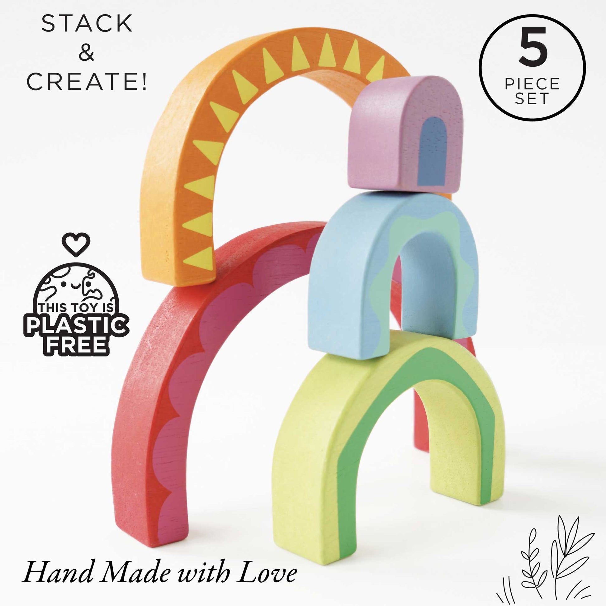 Set of colorful wooden arch-shaped blocks with 'This Toy is Plastic Free' logo on a white background.