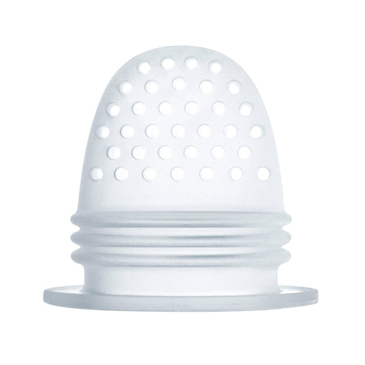 A translucent white silicone nipple bulb  insert with a perforated dome top and ribbed base, shown on a plain white background.
