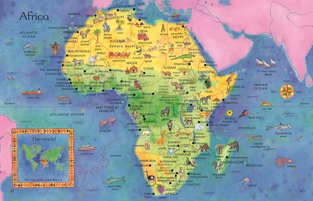 Colorful map of Africa with various illustrations and a smaller inset map.