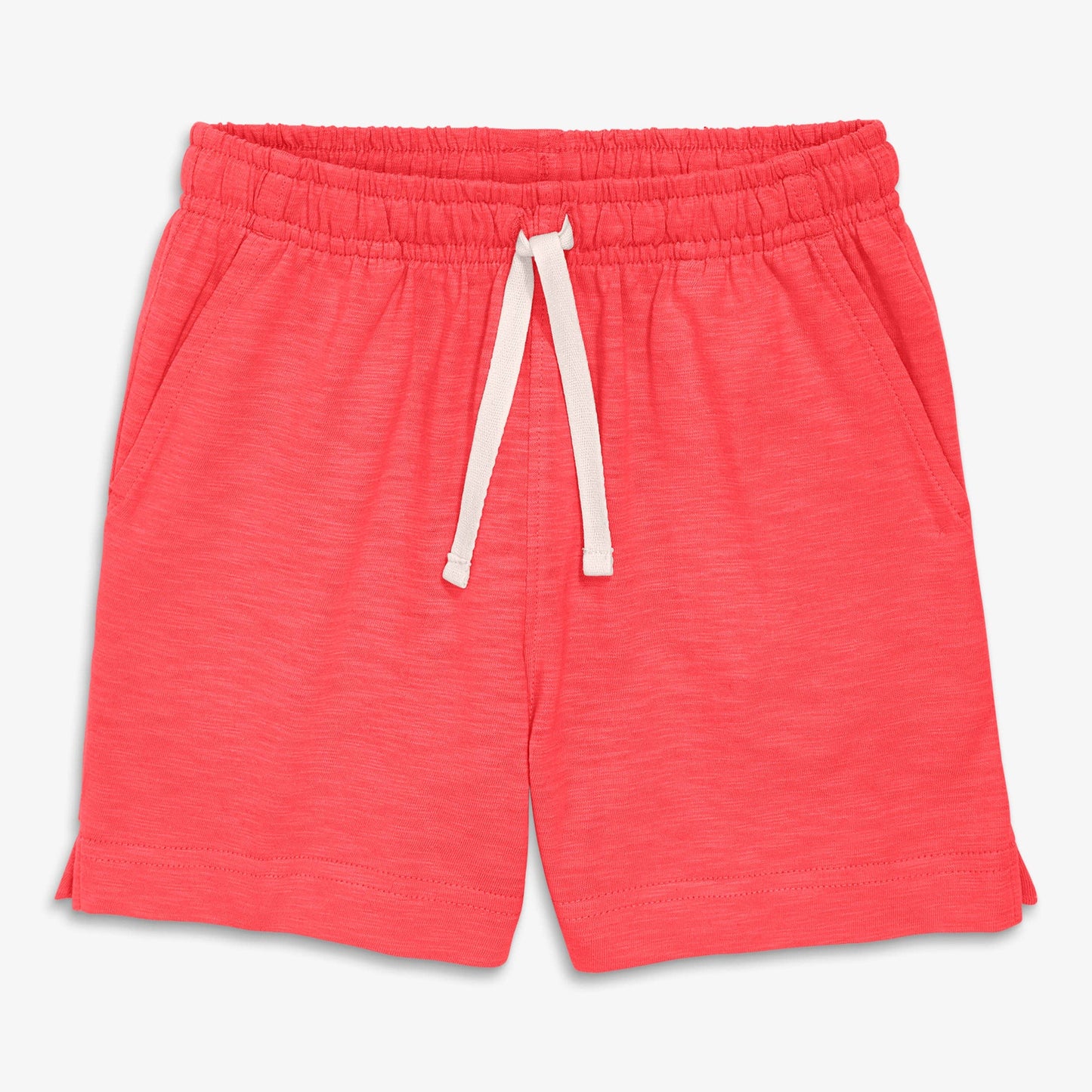 Red shorts with a white drawstring on a light gray background