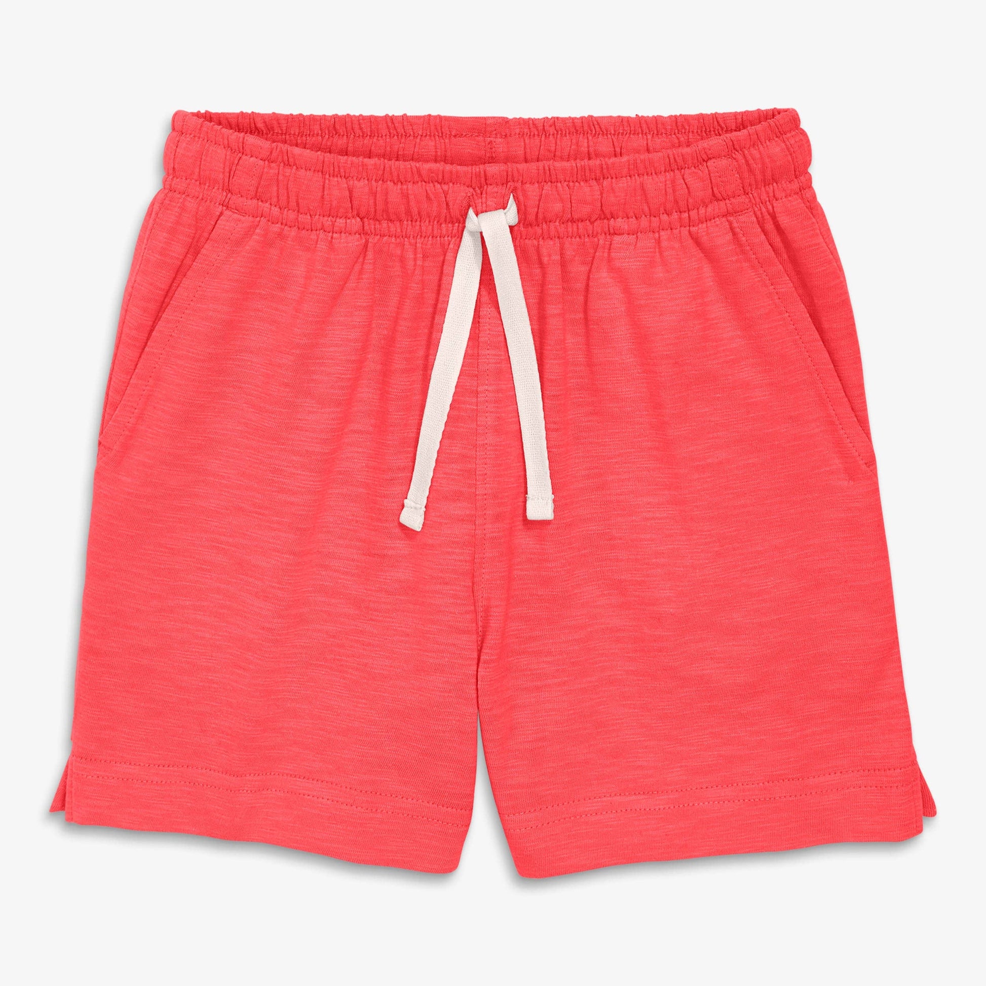 Red shorts with a white drawstring on a light gray background
