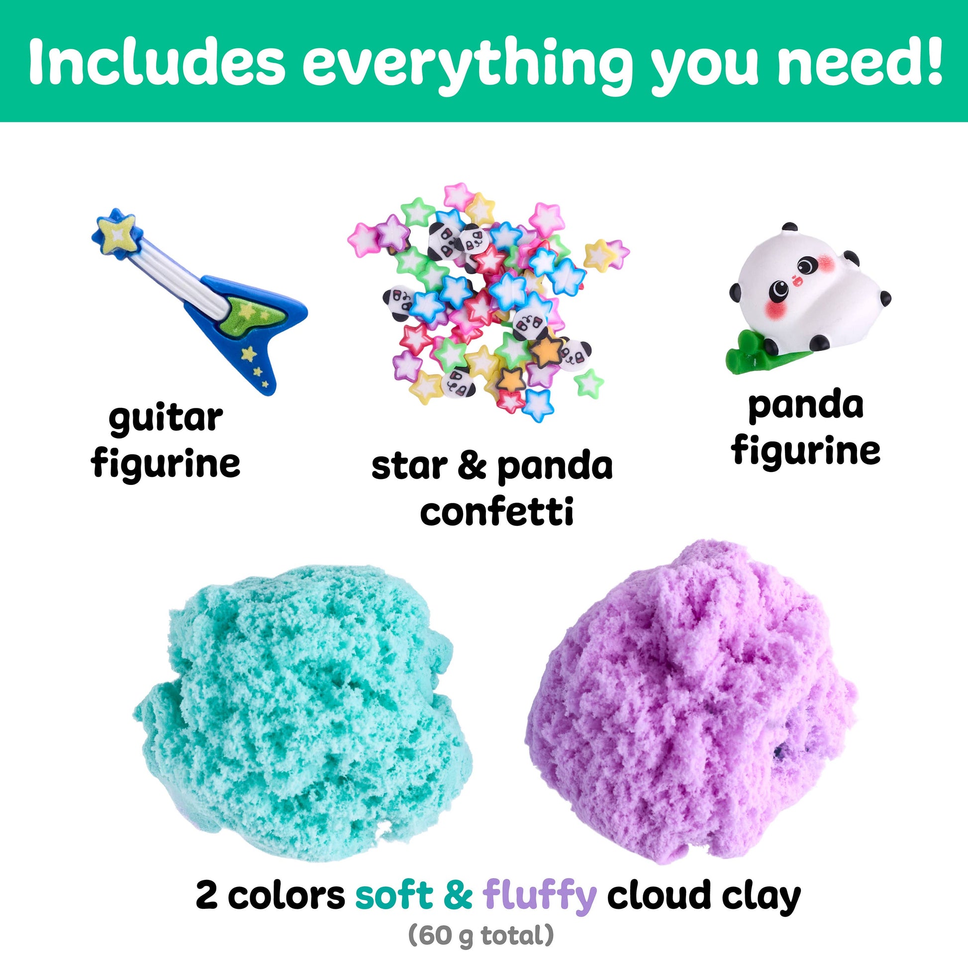 Set of cloud clay, guitar figurine, star and panda confetti, and panda figurine with text 'Includes everything you need!' on a green background.